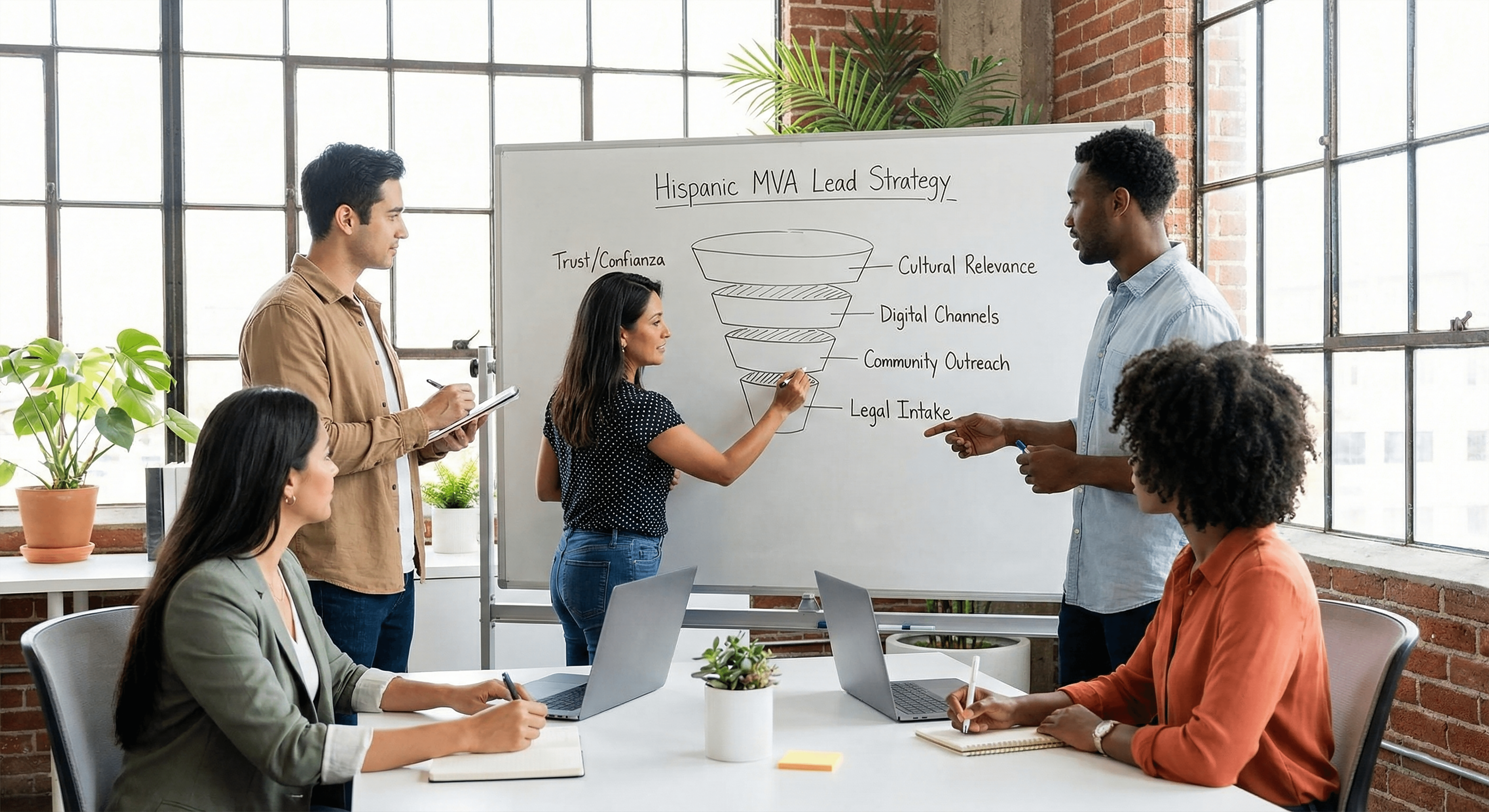 A diverse digital marketing team brainstorming a hispanic marketing strategy on a whiteboard, focusing on trust and lead generation.png