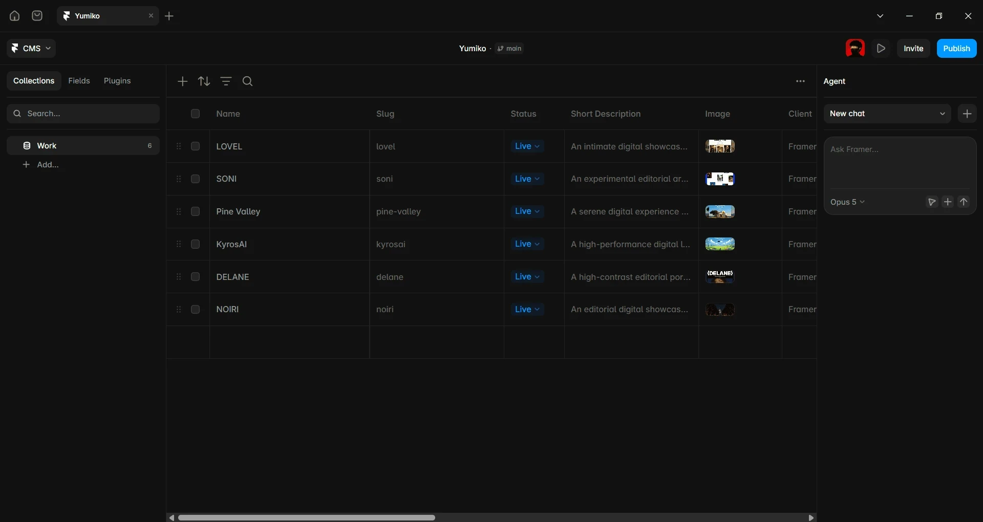 Framer CMS collection showing editable portfolio projects and content fields