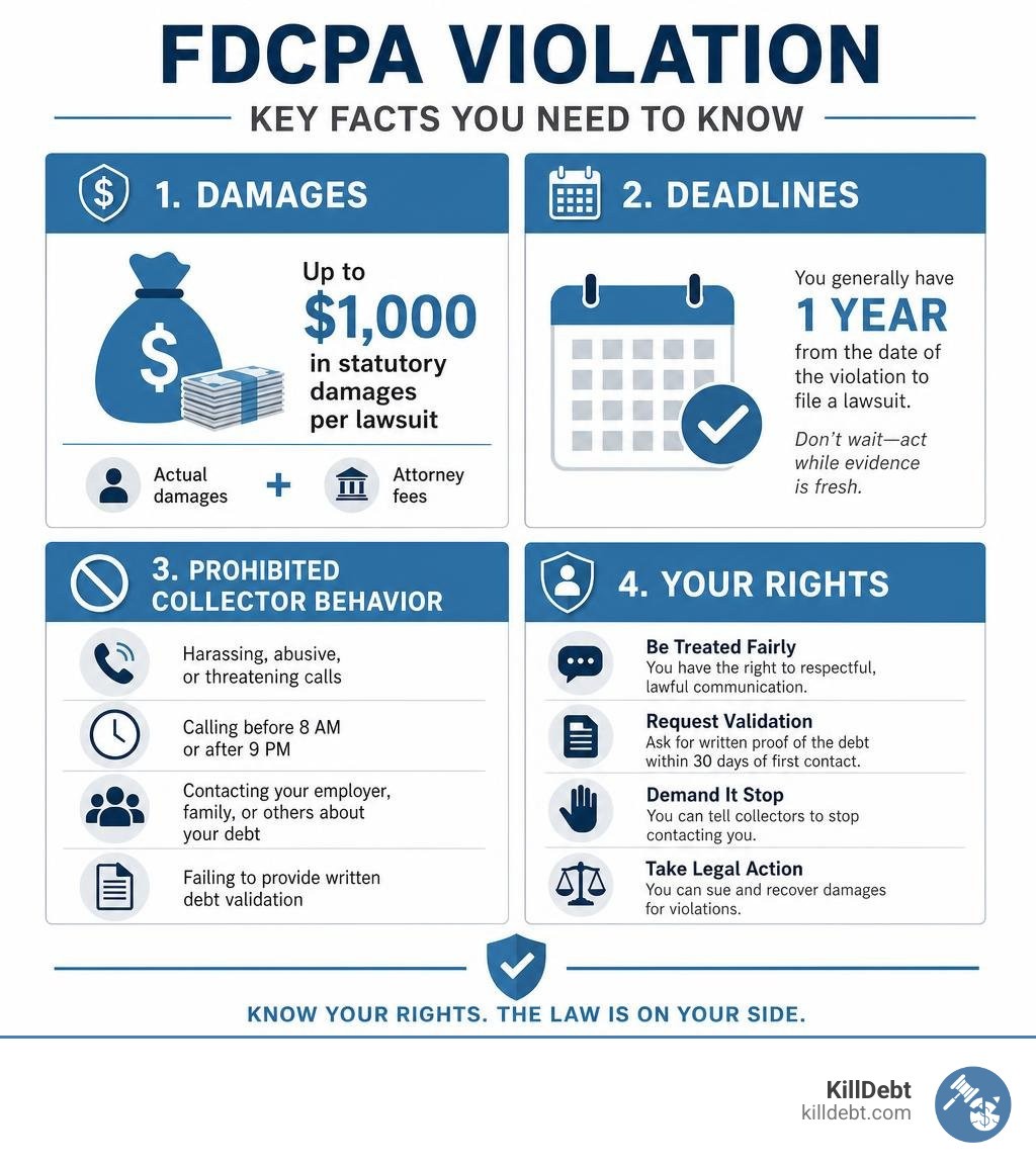 FDCPA violation key facts: damages, deadlines, prohibited collector behavior, and your rights infographic