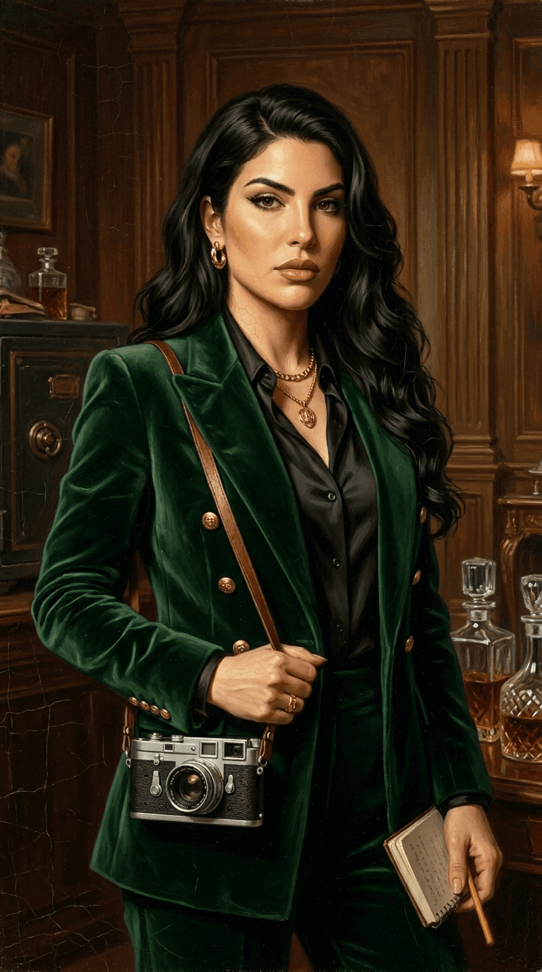 Chavi Wagowsky, Brand Ambassador — Painted portrait of a dark-haired woman in a green velvet blazer with gold hoop earrings, in an ornate study with glassware