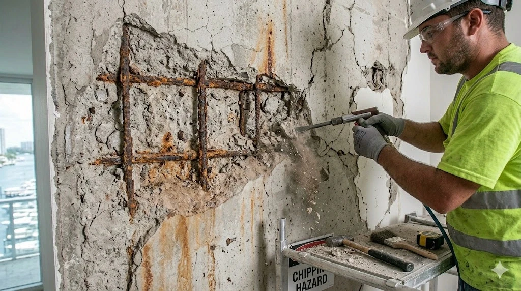 Wall spall repair and concrete restoration on a Fort Lauderdale building — Planet Construction FL
