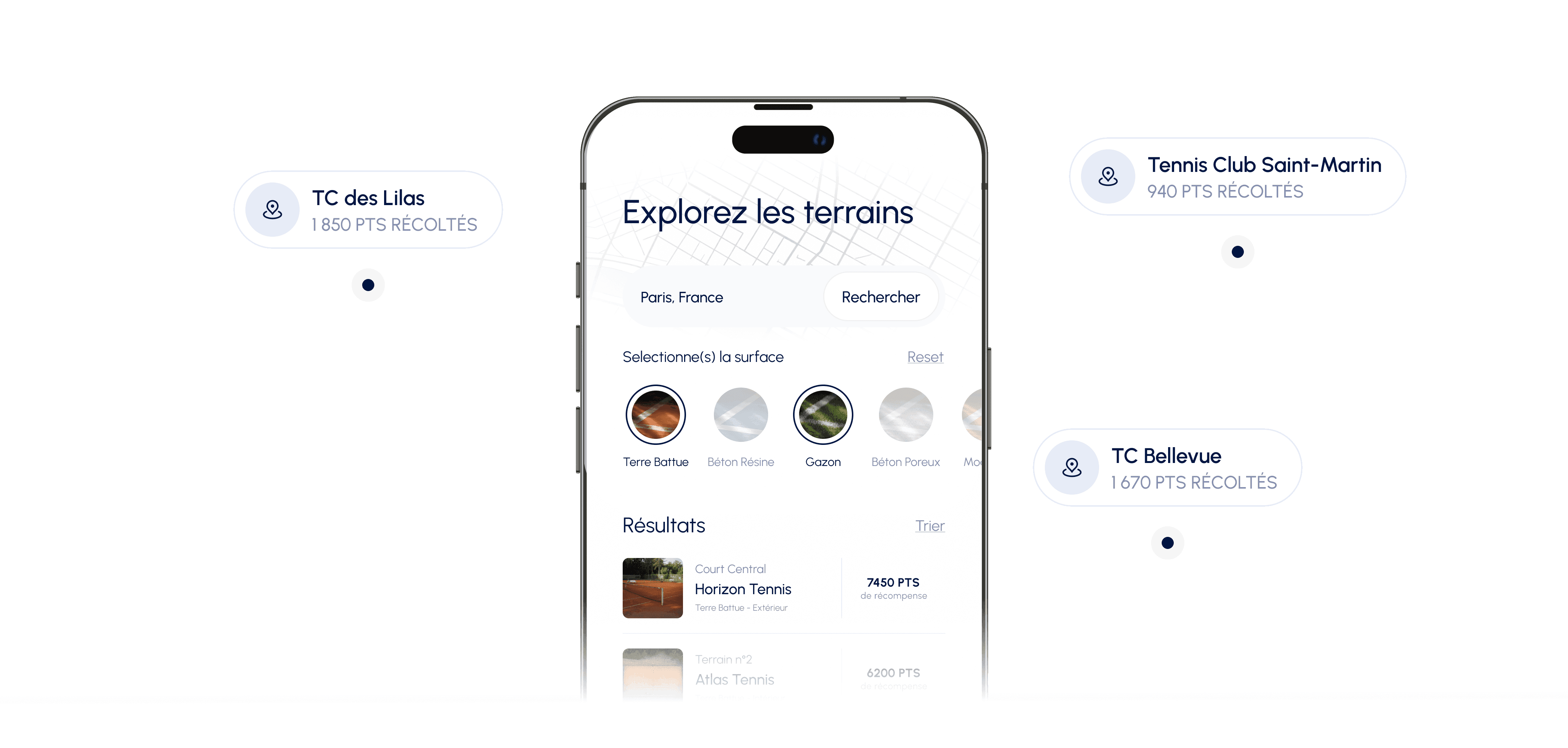 Aperçu de la recherche de terrains de tennis dans l’application TennisCourt