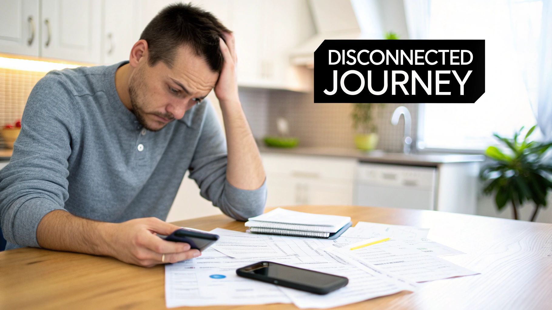 Stressed man reviewing bills and phones on a table, holding his head. Text: DISCONNECTED JOURNEY.