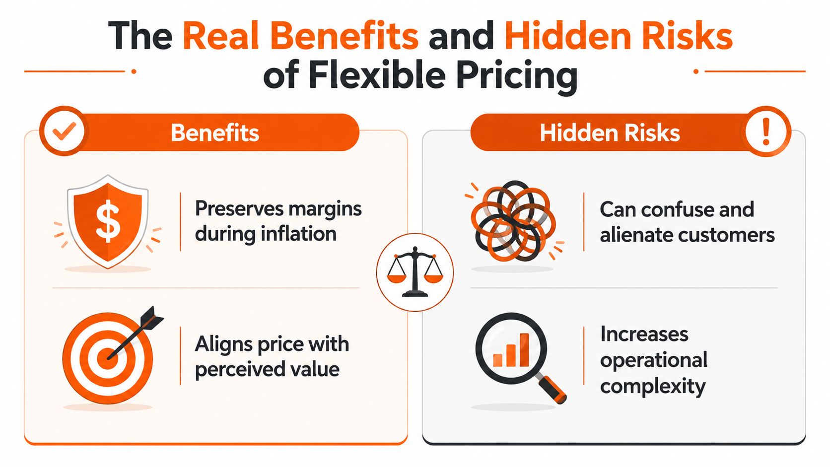 A comparison chart showing the benefits and hidden risks associated with implementing flexible pricing strategies in business.