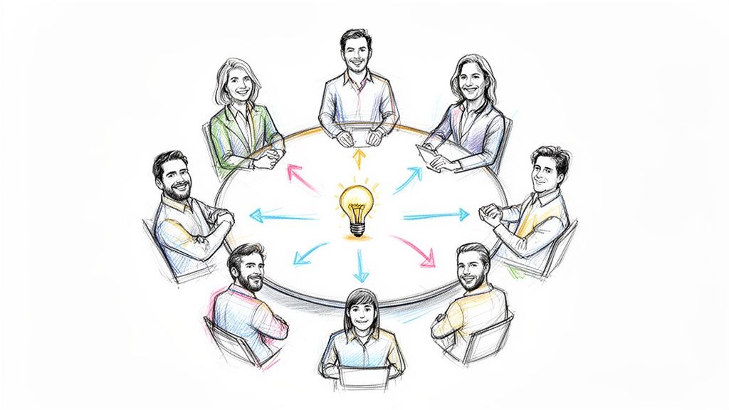 Eight diverse professionals collaborate around a table with a central lightbulb, symbolizing idea generation and teamwork.