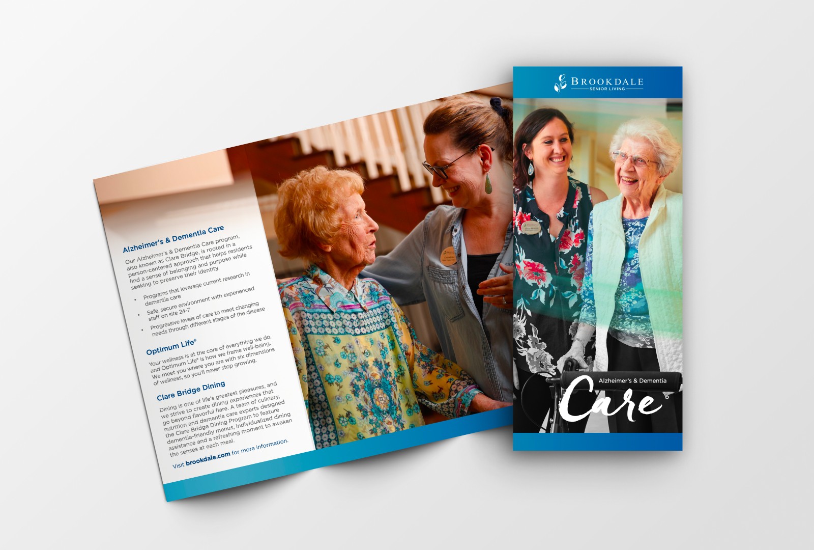 Brookdale Senior Living benefits showcasing their new branding in a tri-fold paper size
