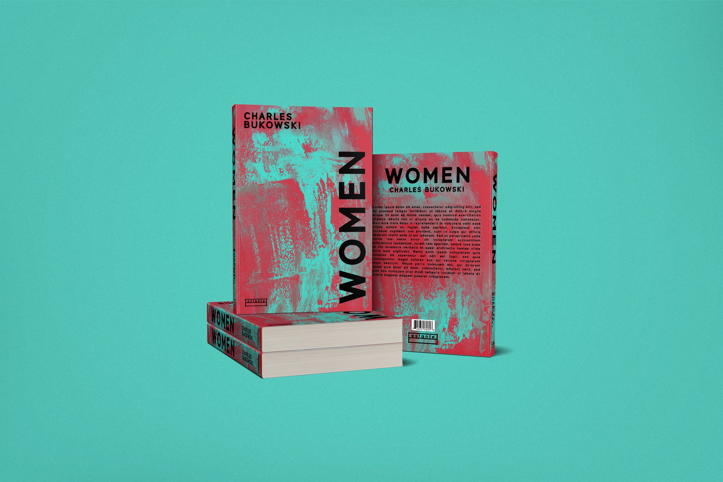 Editorial book cover design for Women by Charles Bukowski featuring bold typography and textured artwork in a contemporary graphic design concept.