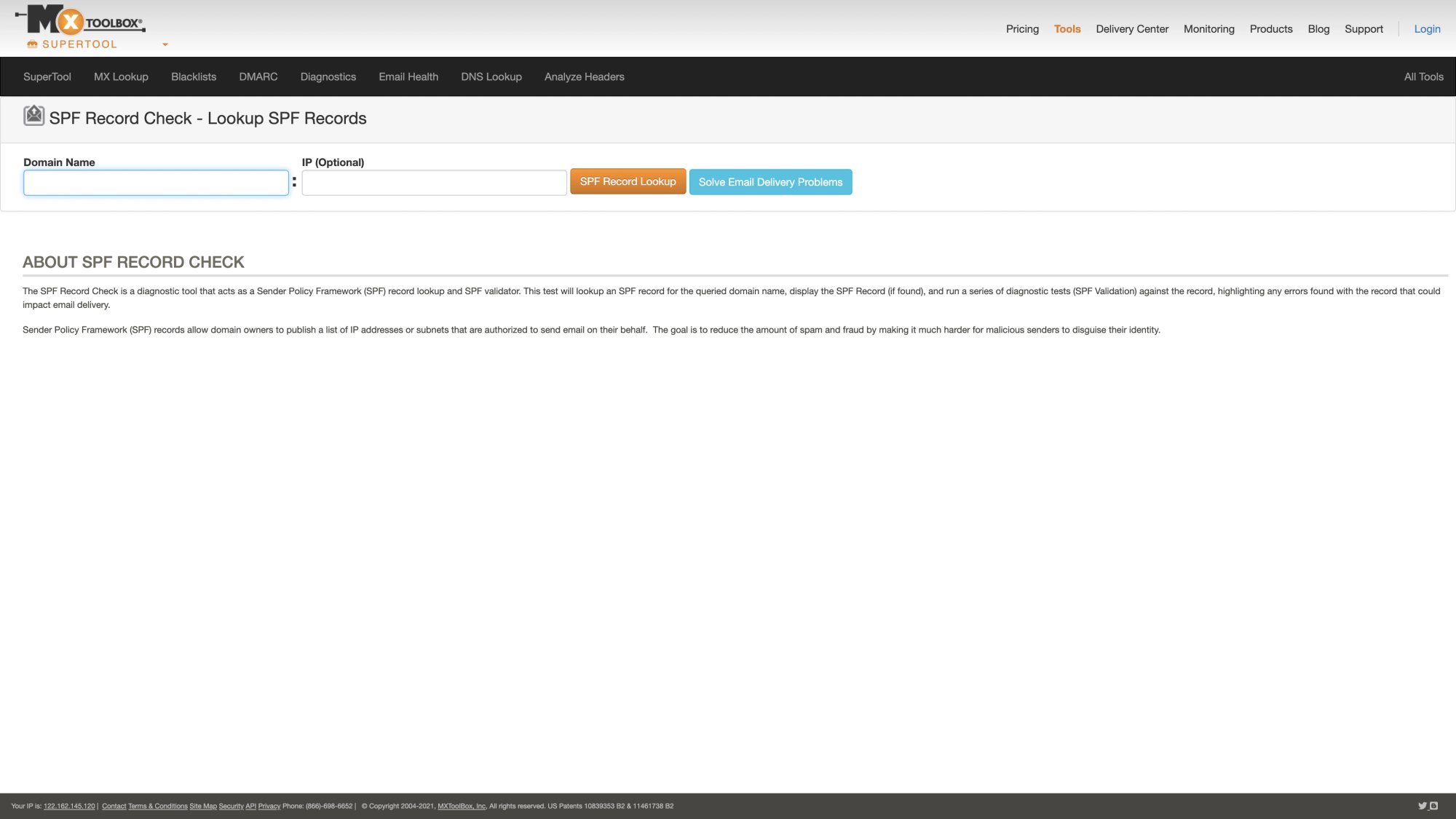 MXToolbox SPF Record Checker interface showing domain lookup field and verification tools