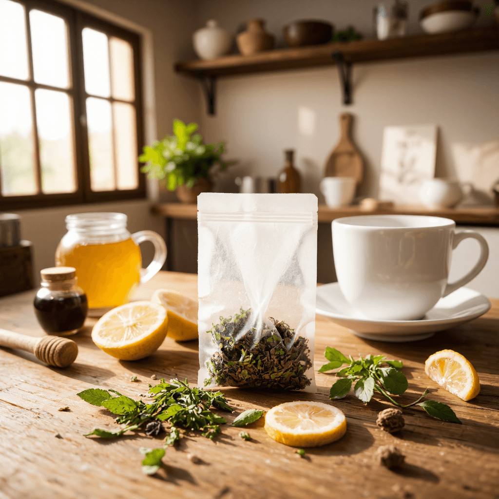 product photography of a bag of herbal tea with a tea bag