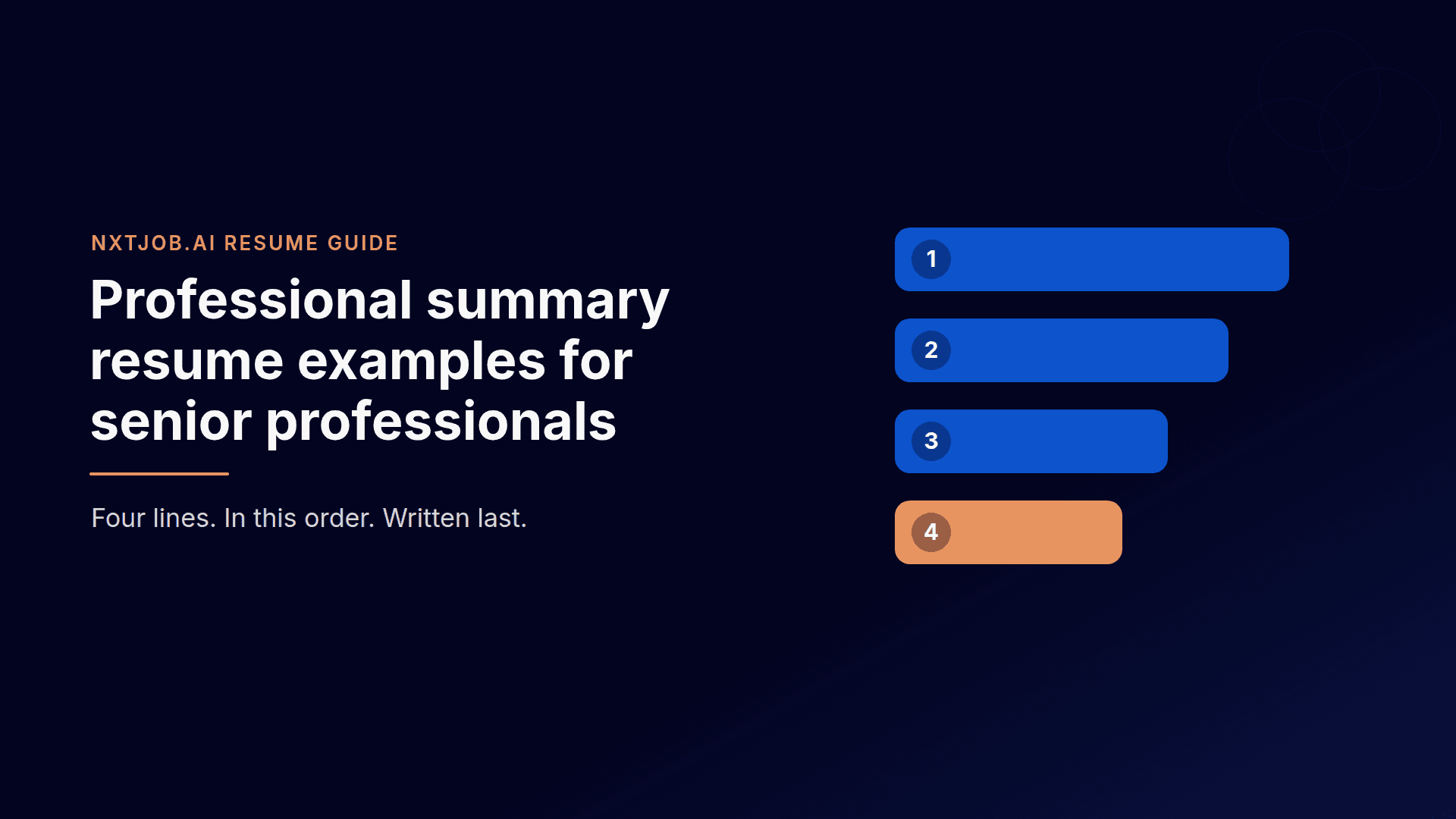 Banner reading Professional summary resume examples for senior professionals, beside four numbered bars