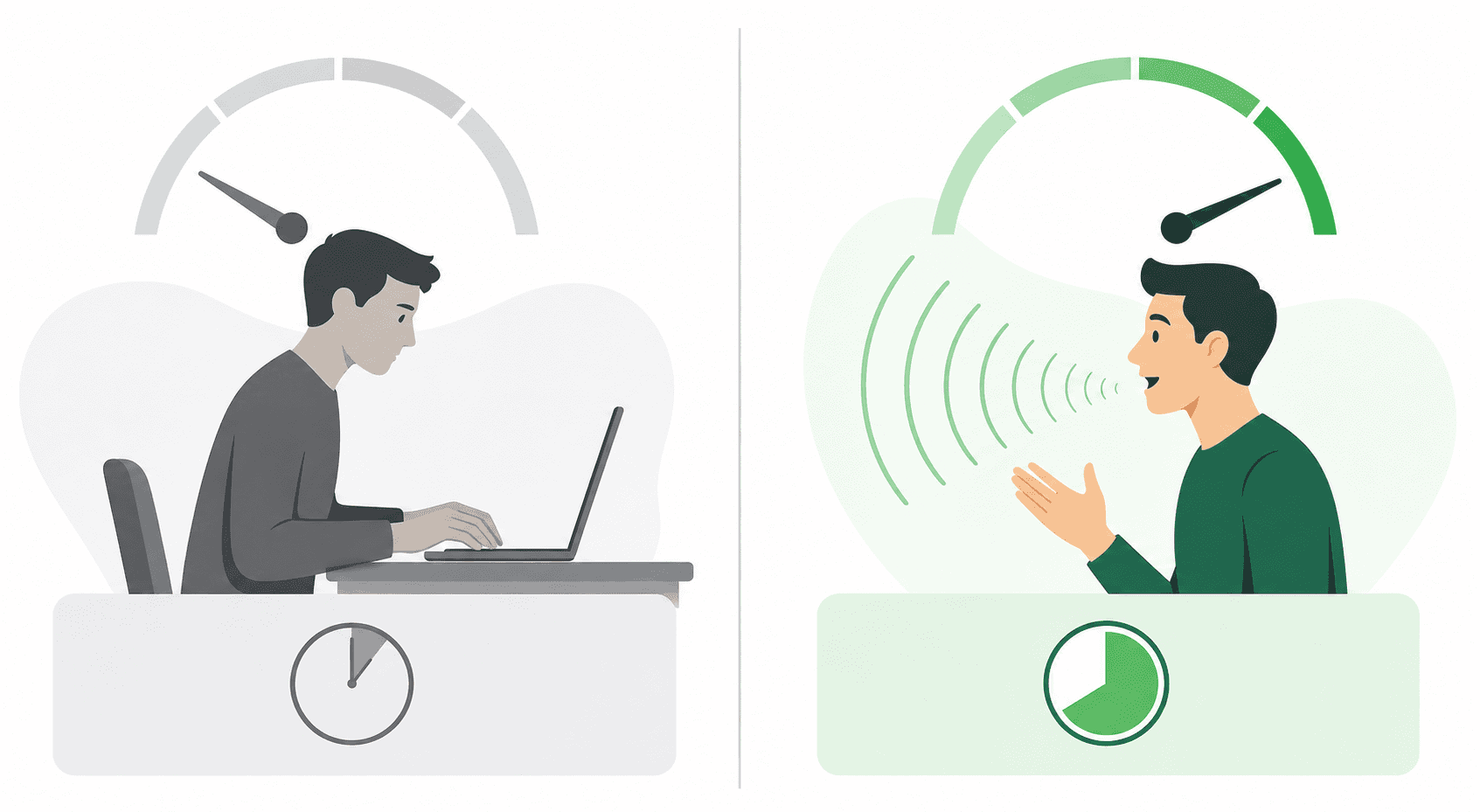 A clean, modern split-panel infographic comparing typing speed versus speaking speed. Left panel: a person's hands on a keyboard with the bold text