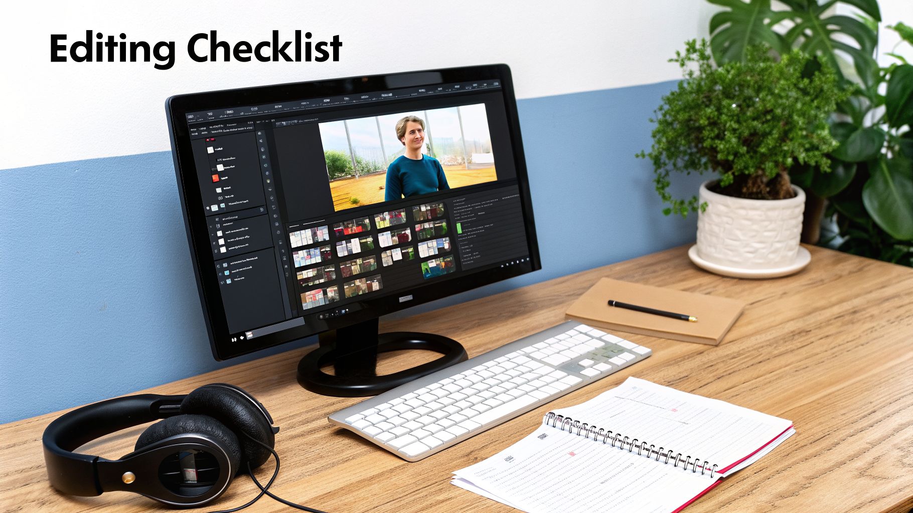 A video editing workstation with a monitor displaying footage, headphones, keyboard, and an open notebook on a wooden desk.
