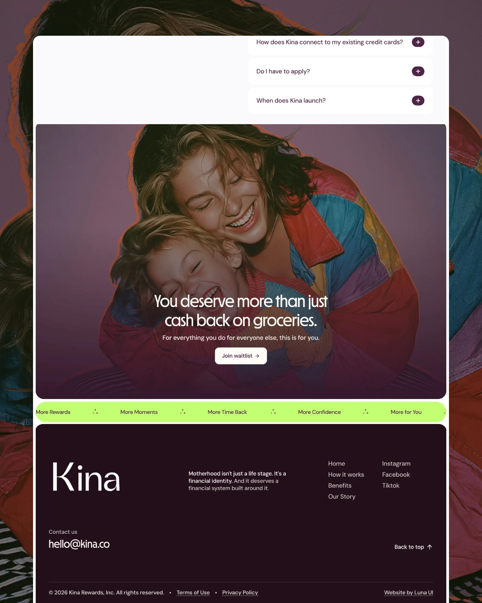 Kina FAQ section and closing call to action, "You deserve more than just cash back on groceries," with the site footer.