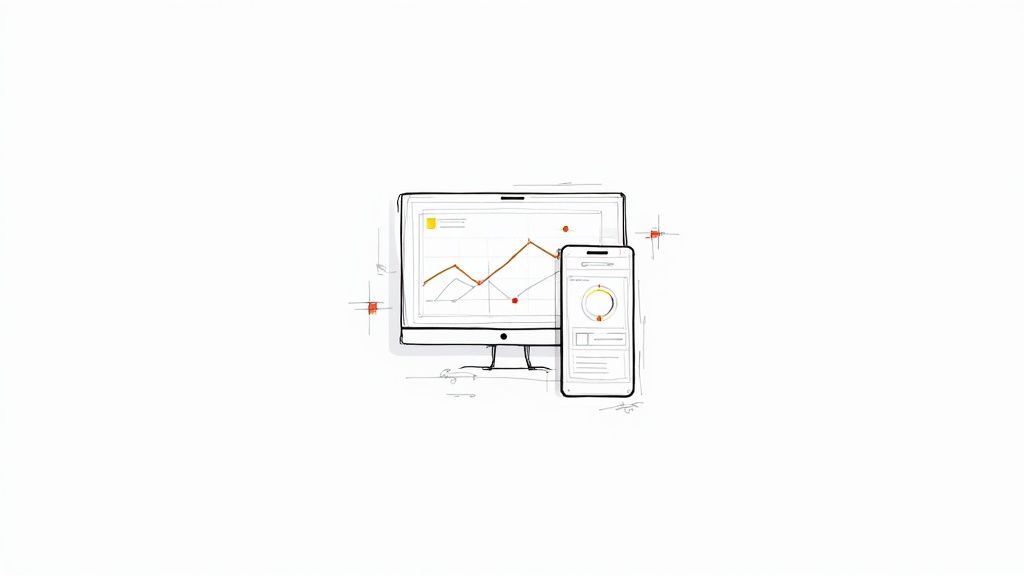 Sketch illustration of a desktop monitor and smartphone displaying data analytics charts.