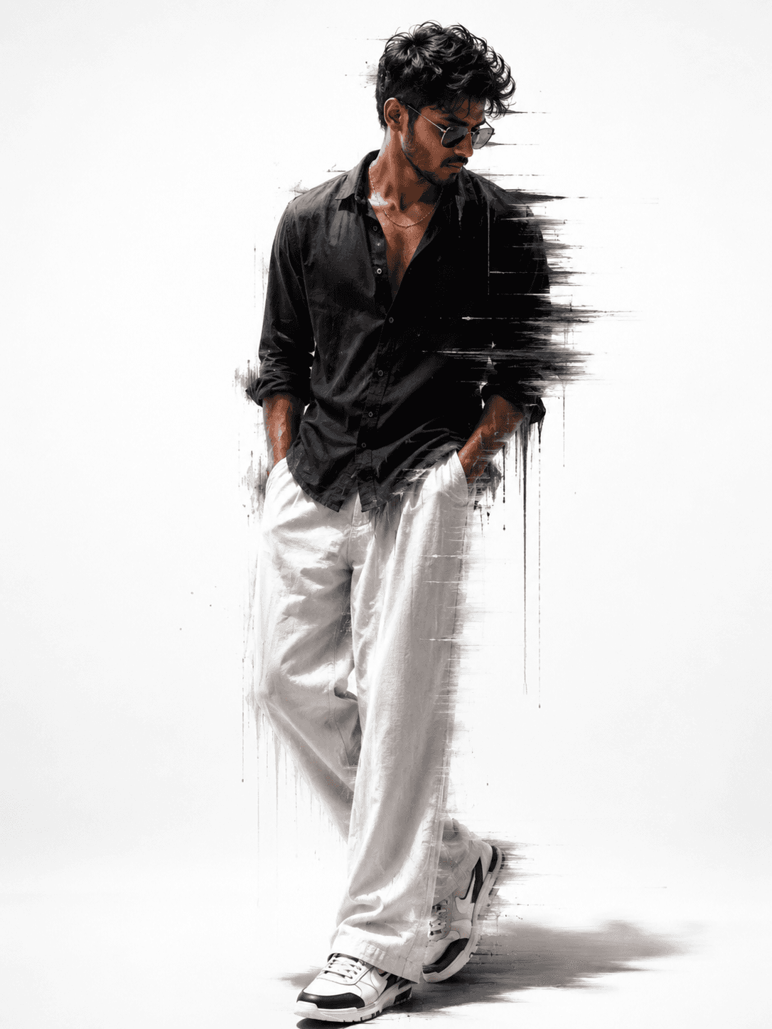 Fashion model wearing white sunglasses and a royal blue top, showcasing sleek hairstyle.