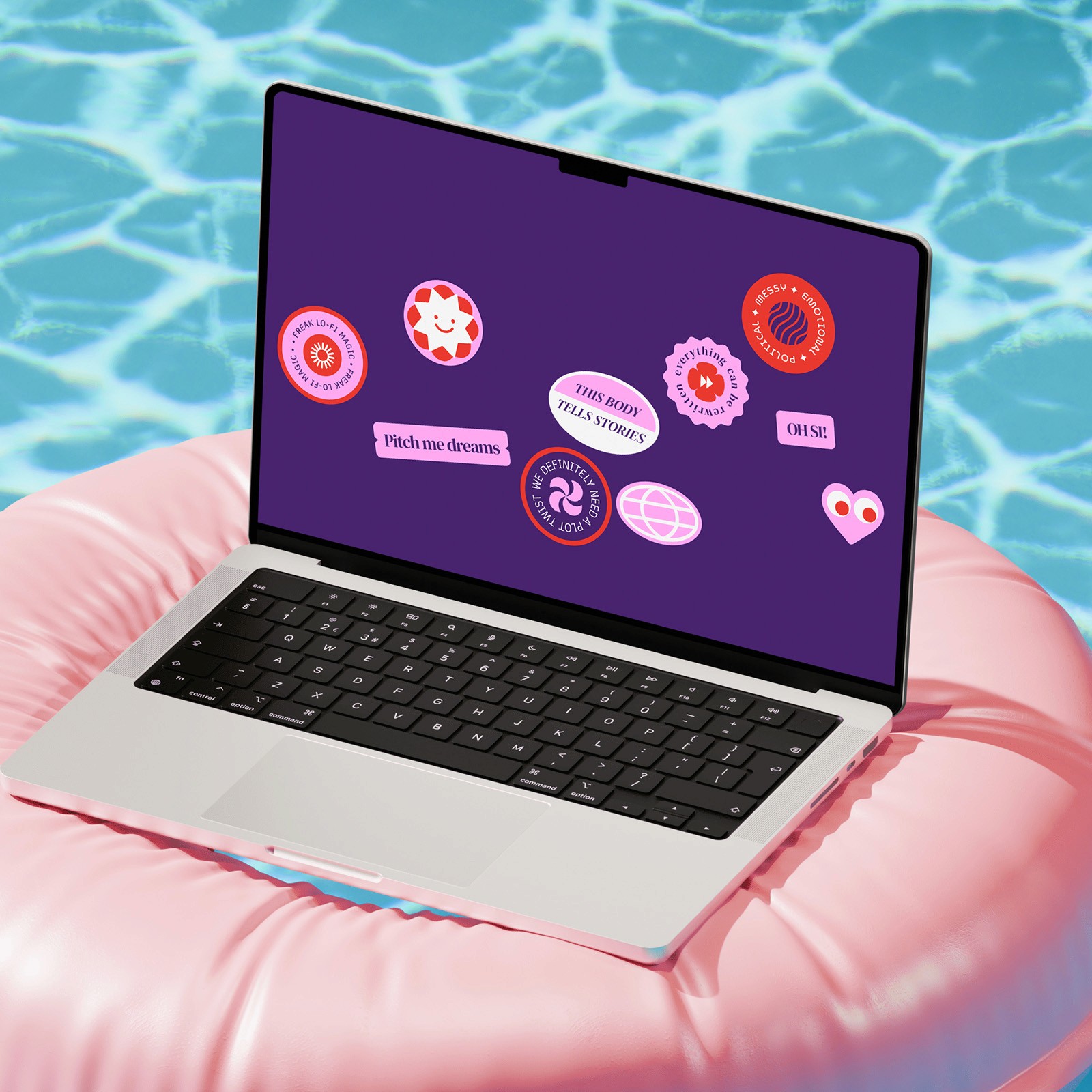 About page mockup on a Macbook floating on top of a rose pool float.