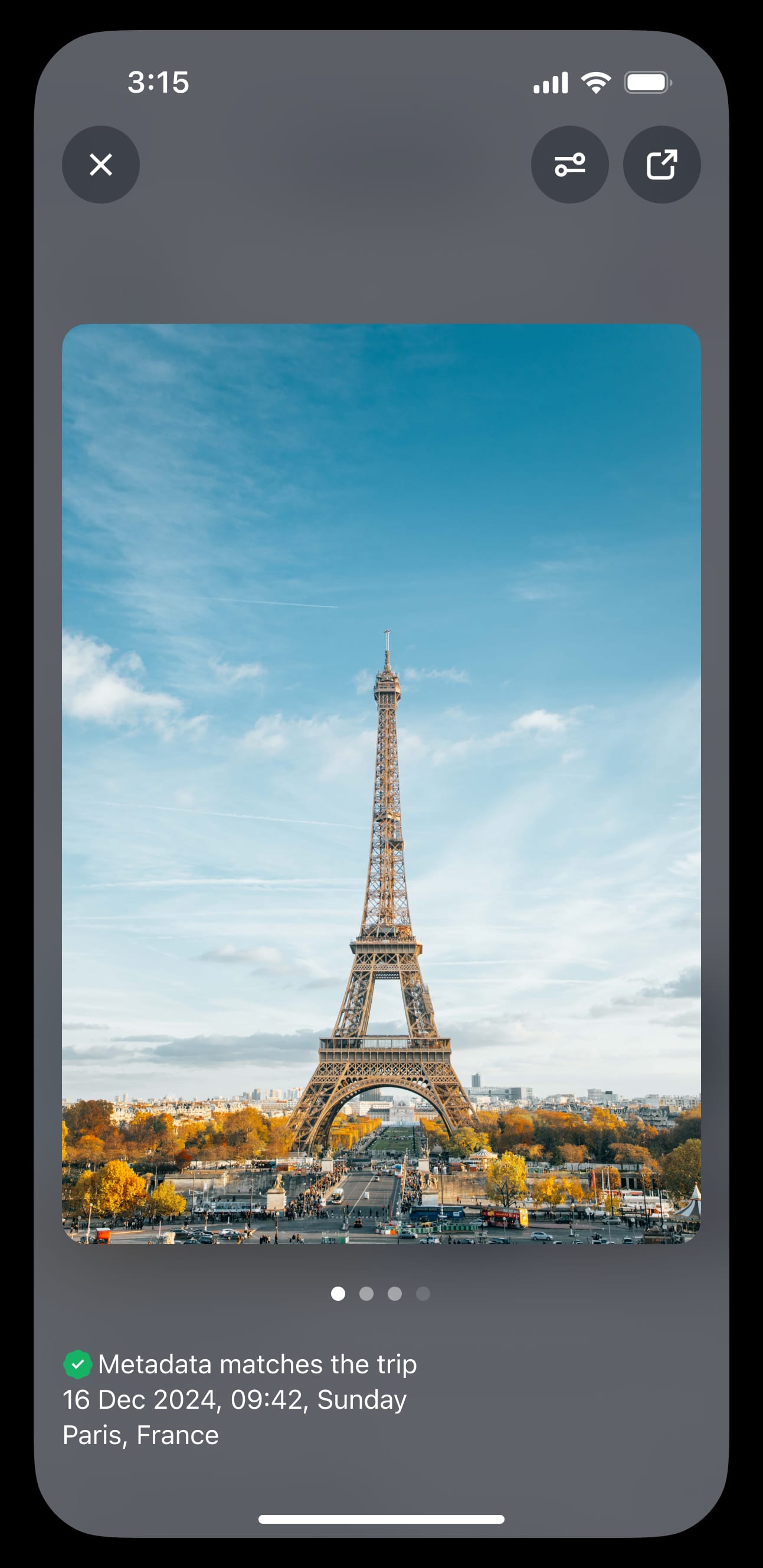iOS travel app UI verifying photo metadata for trip logging. Eiffel Tower image with time and location auto matched to trip entry in Paris France. UX for digital nomads expats and frequent travelers tracking location history and visual trip memories.