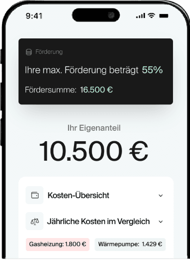 Ein iPhone Mockup mit einer Vorschau von dem Kosten- & Förderechner für Wärmepumpen.
