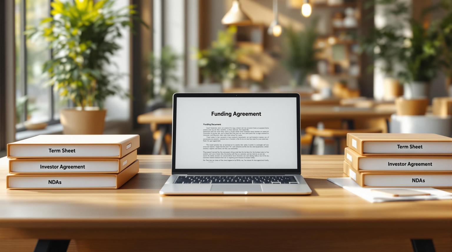 Laptop displaying a funding agreement beside stacks of startup legal documents