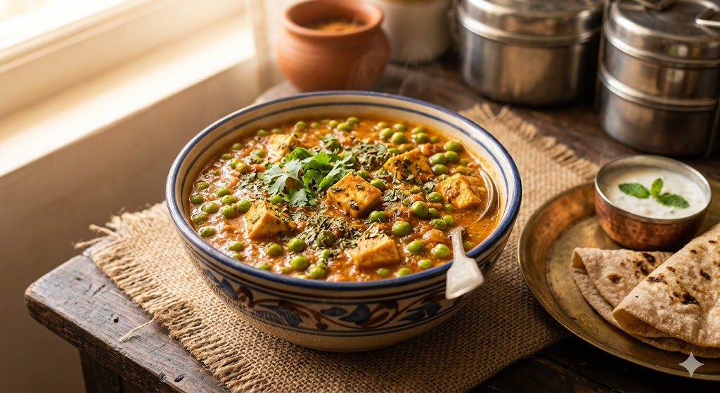 A bowl of traditional Indian Tofu Matar Curry with green peas and tofu in a rich gravy, served on a rustic wooden table with roti and raita.