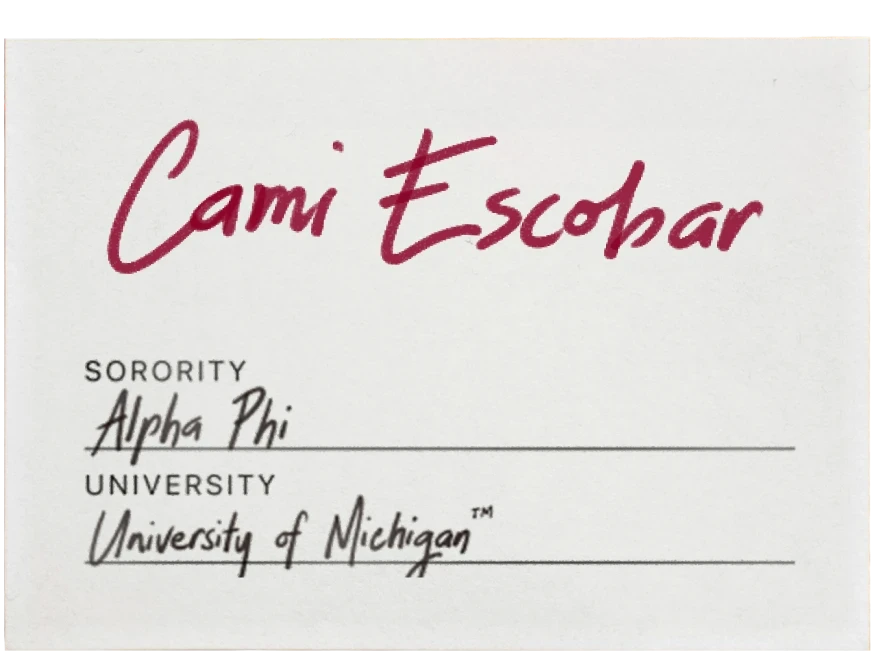Info card reading “Cami Escohar”; Sorority: Alpha Phi; University: University of Michigan.