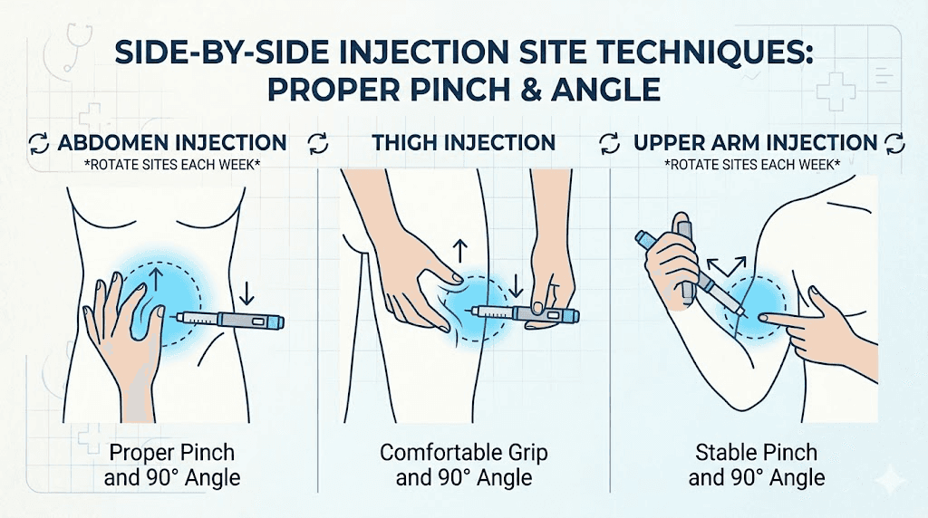 Semaglutide injection technique guide for abdomen thigh and upper arm