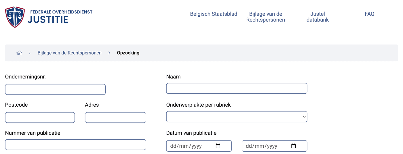 Zoekformulier van de Bijlage van de Rechtspersonen: ondernemingsnummer, naam, postcode, adres, onderwerp akte, publicatienummer en publicatiedata