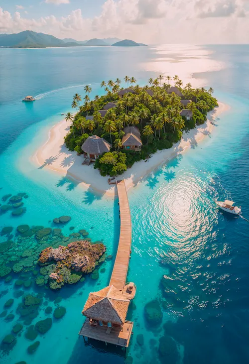Ilha tropical com bangalôs sobre o mar e águas cristalinas