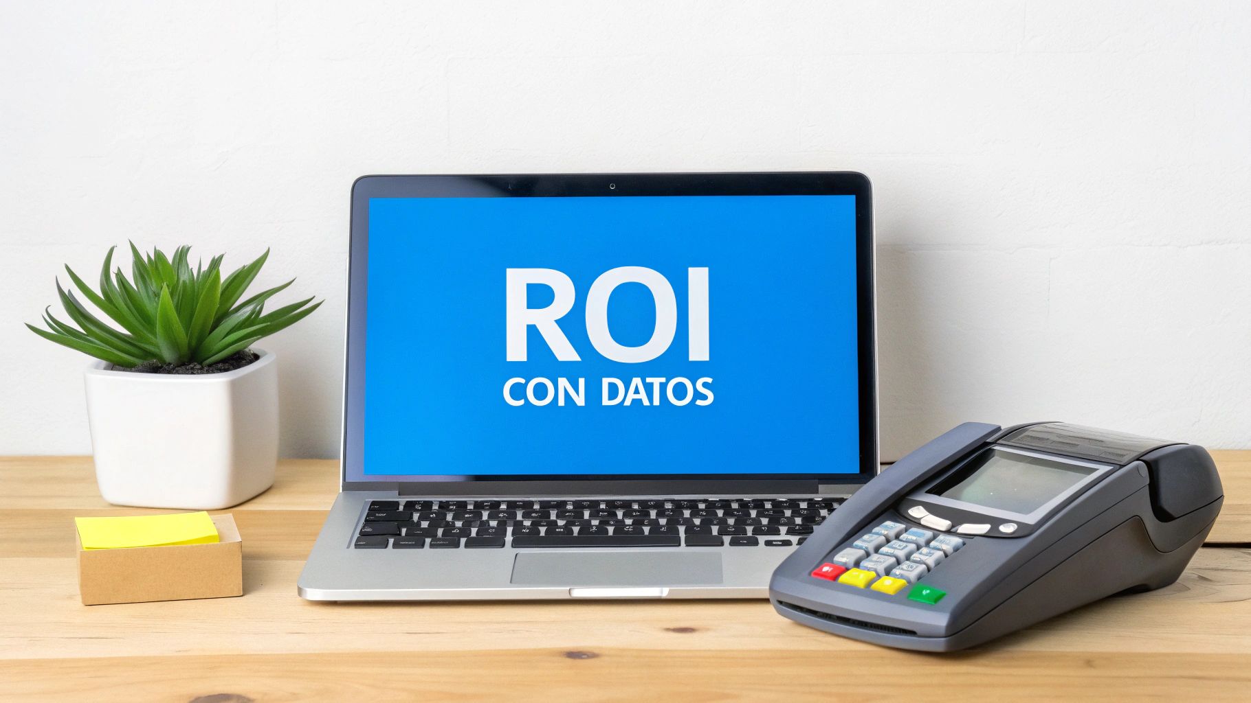 Portátil mostrando 'ROI CON DATOS' junto a una planta, notas adhesivas y terminal de venta en una mesa de madera.