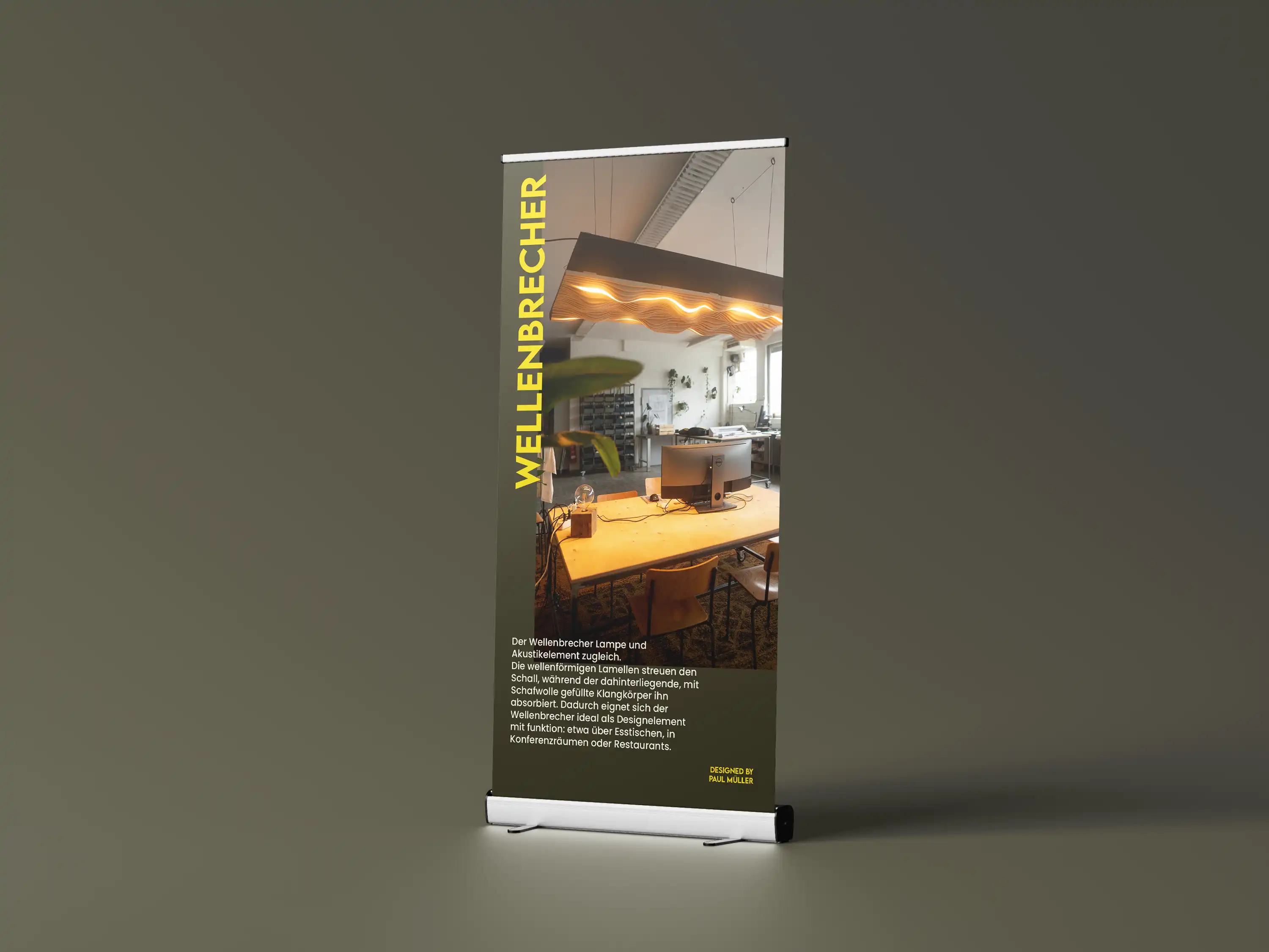 Roll-up-Banner zur Bewerbung der Lampe von Paul Müller Production mit modernem Produktdesign