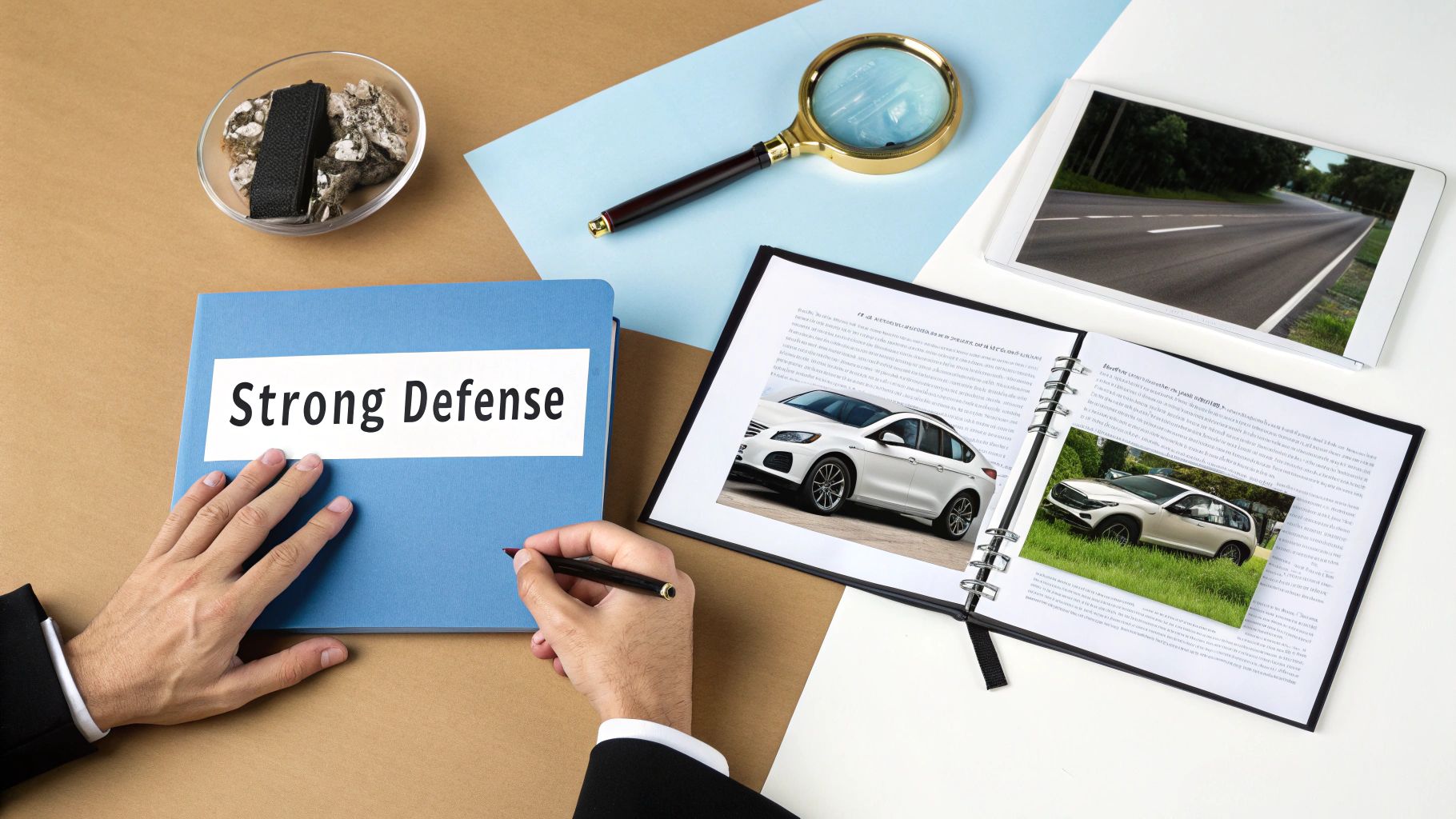 Hands on a 'Strong Defense' binder and pen, with car images, magnifying glass, and a tablet on a desk.