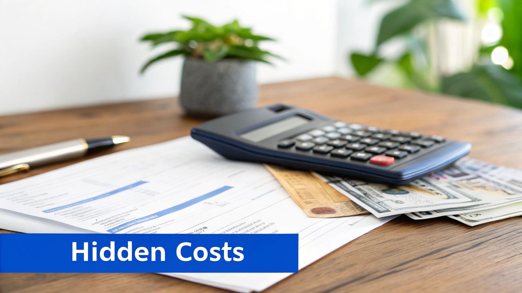 A calculator, money, pen, and financial papers on a wooden desk, with a 'Hidden Costs' banner.