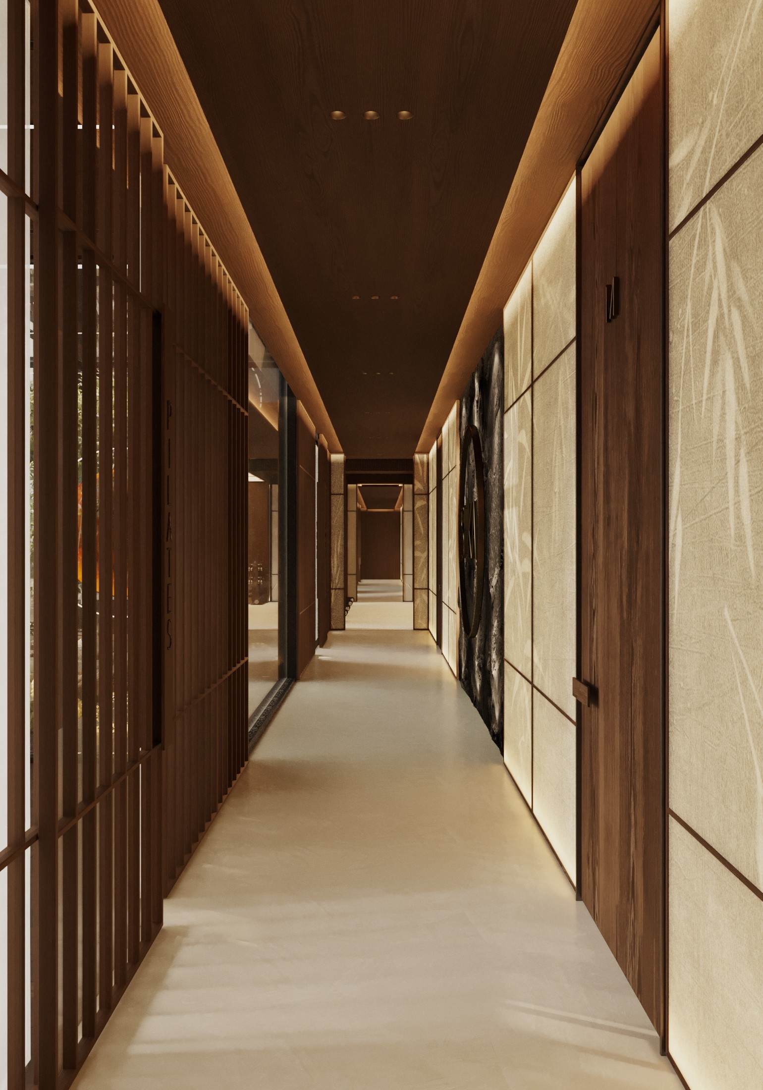 A narrow corridor with stone walls and wooden doors, leading to an open space in the distance.