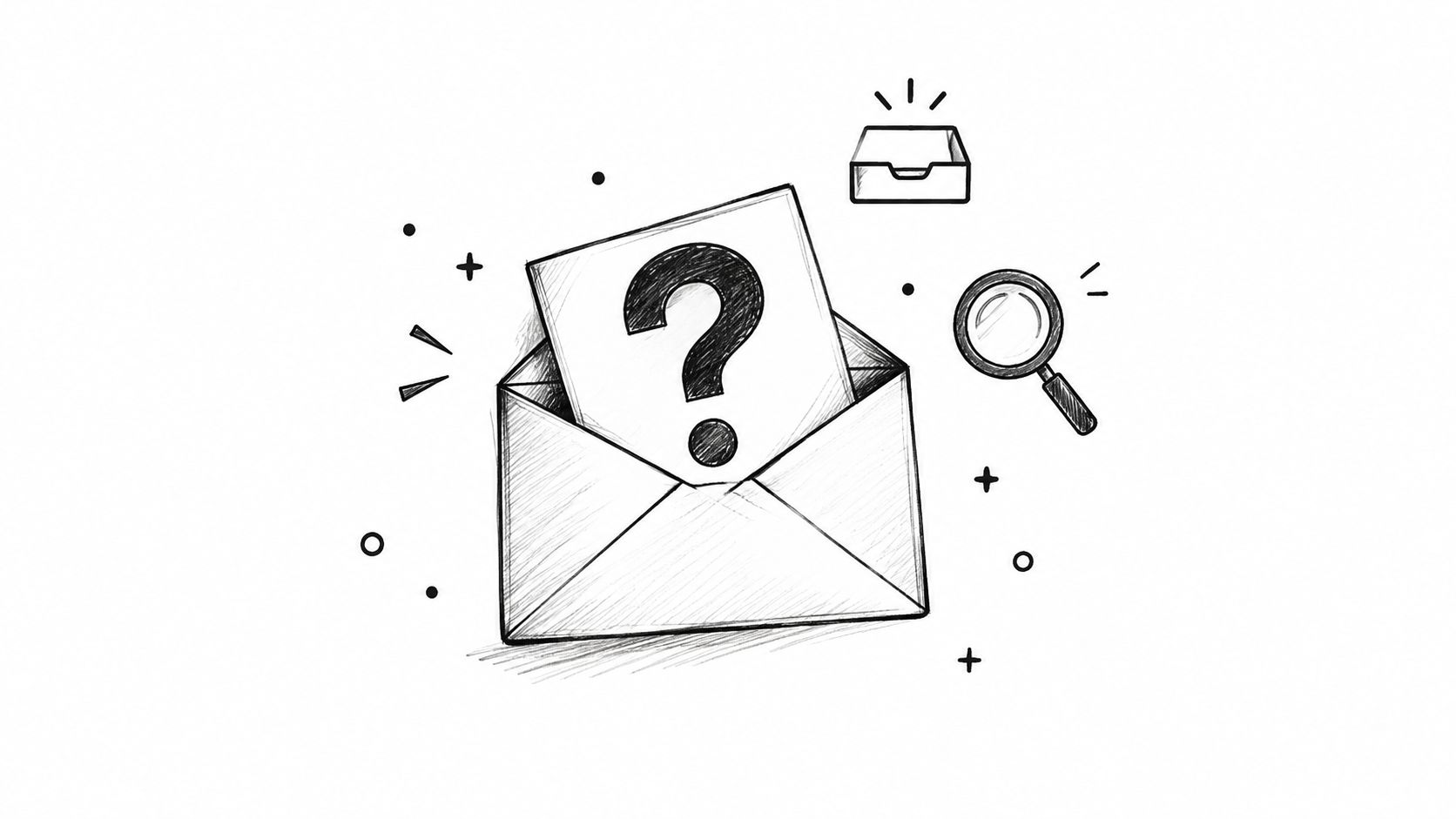 A hand-drawn illustration of an open envelope containing a paper with a large question mark symbol.