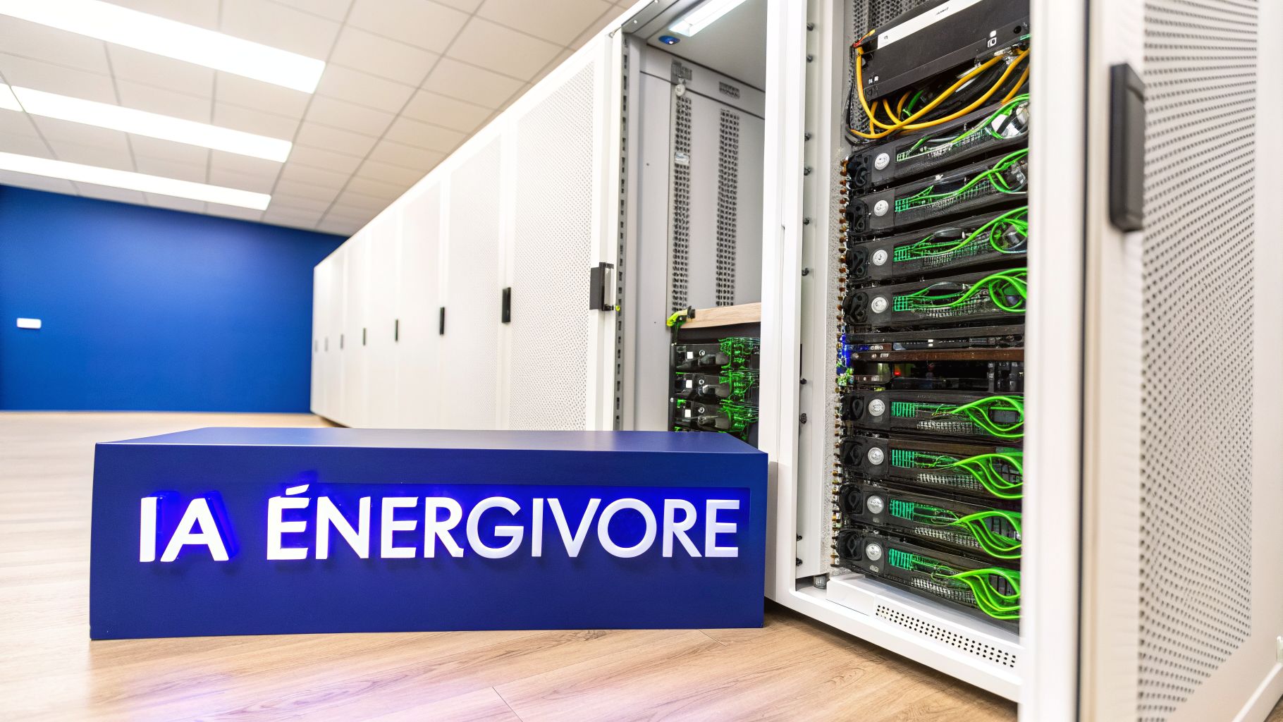 Salle de centre de données moderne avec des racks de serveurs, des câbles verts et un panneau lumineux