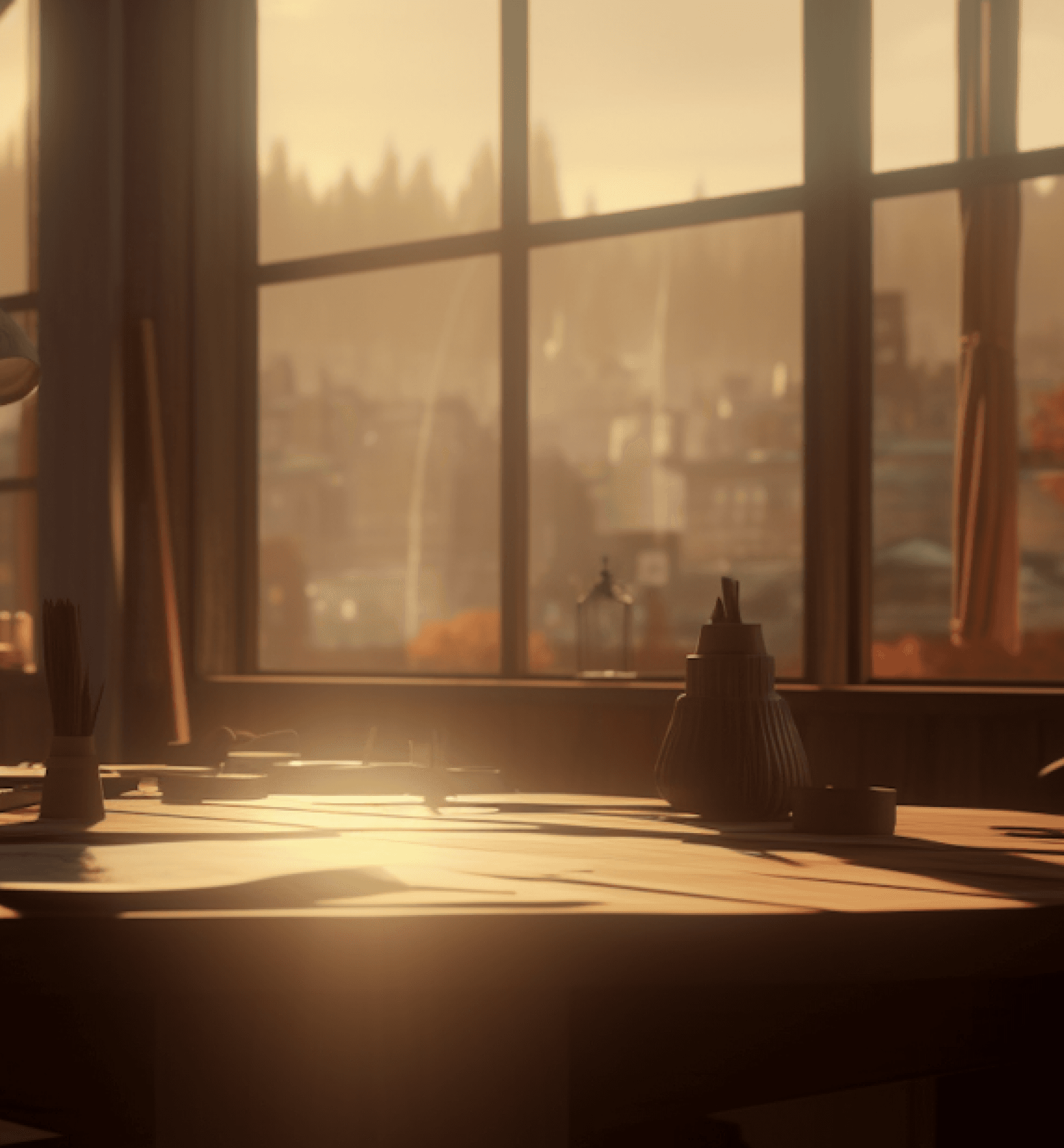 Warmly lit workspace with computer on desk showing a mountain and lake scenery.