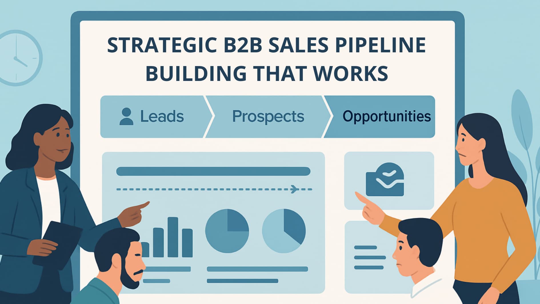 Team analyzing a strategic B2B sales pipeline building with clear stages and data insights.