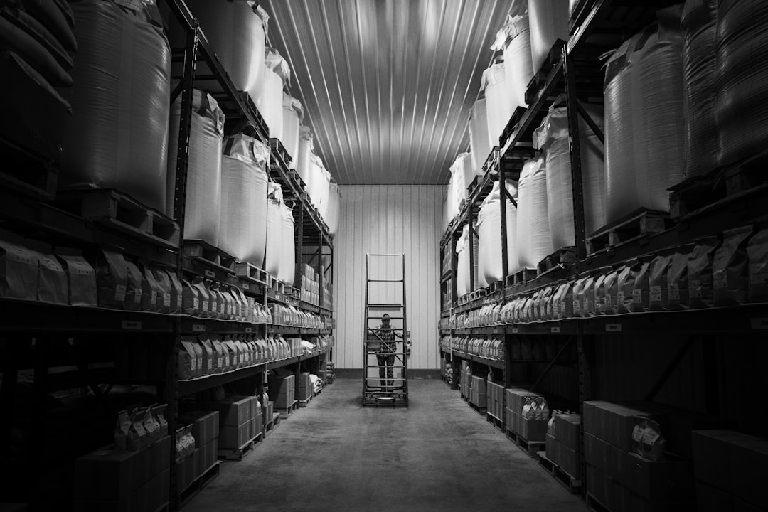 industrial warehouse interior, forklift with a mounted tablet, warehouse worker in hi-vis vest checking data on the screen, high shelves with boxes, bright natural light from windows