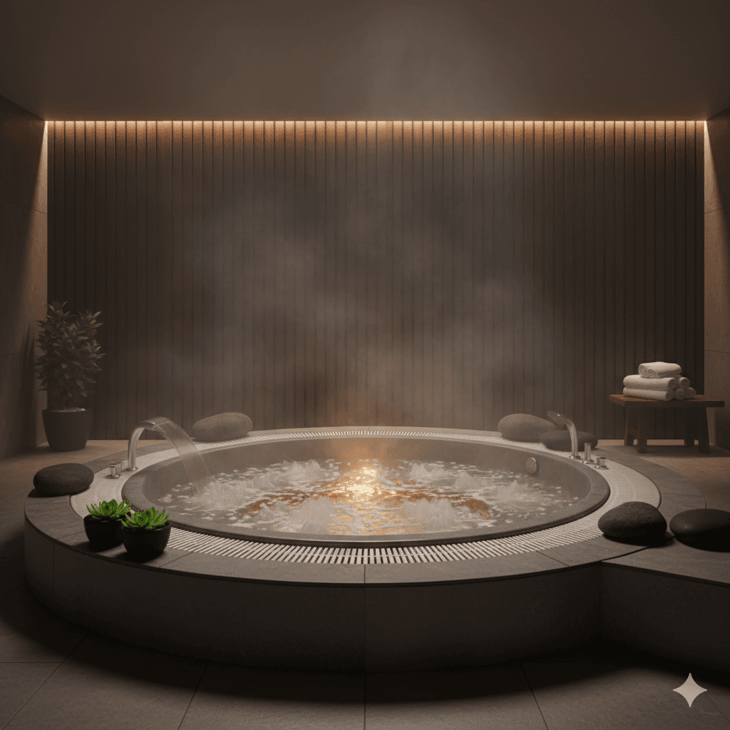 Indoor luxury spa and jacuzzi amenity within a Gurugram residential club house