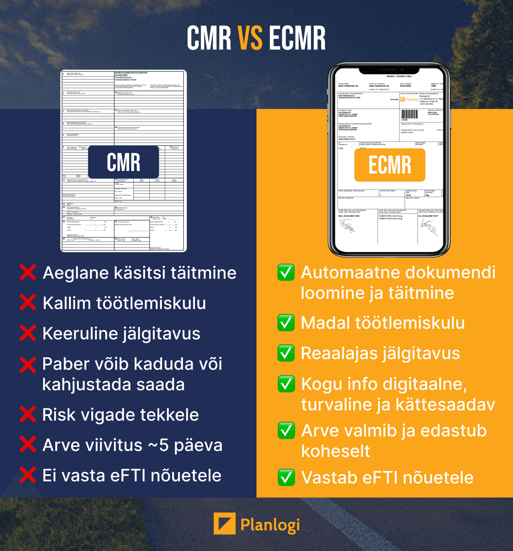 CMR vs eCMR võrdlus: aeglane käsitsi täidetav paberveoseleht versus automaatne, reaalajas jälgitav ja eFTI nõuetele vastav e-veoseleht