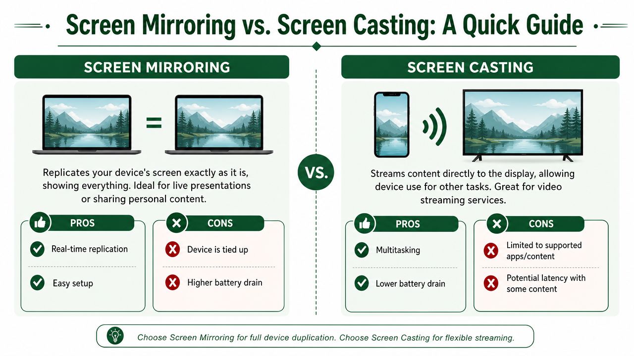 An infographic comparing screen mirroring and screen casting, detailing pros and cons of each technology.