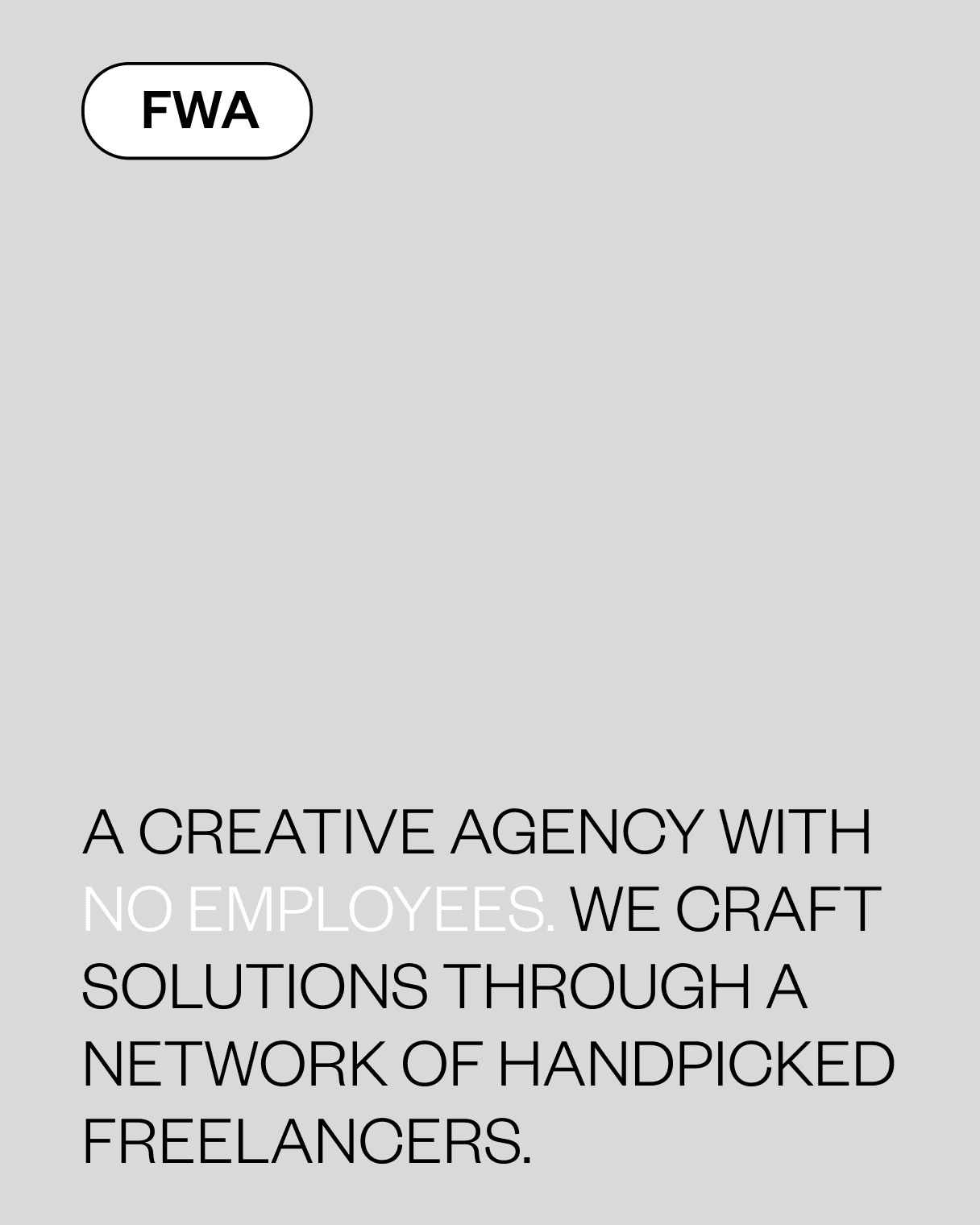 Creative agency poster highlighting a freelance network model with no in-house employees