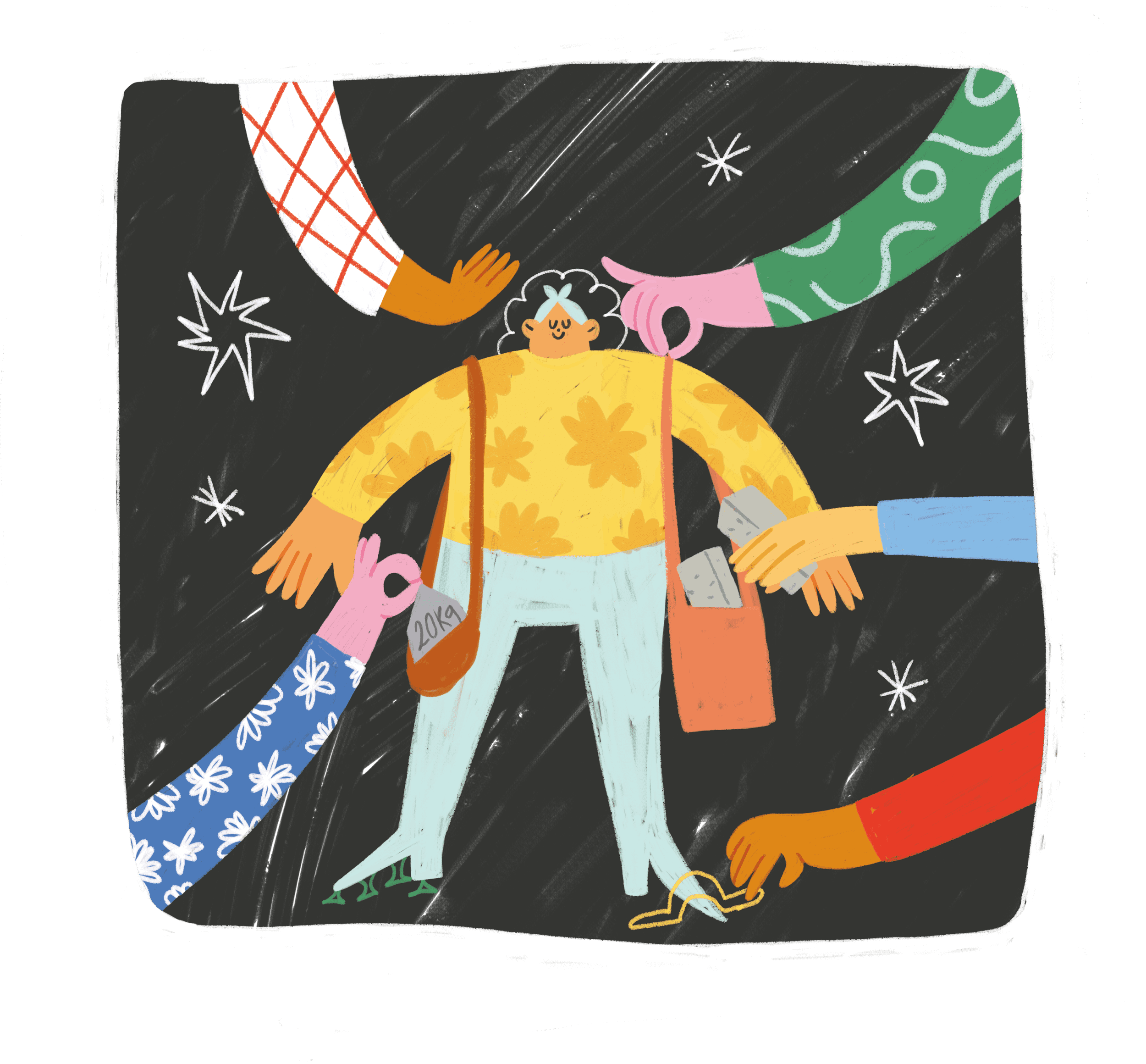 illustration showcasing a woman with a starry pattebeing approached by different hands coming from all around her and stylising herrn jumper