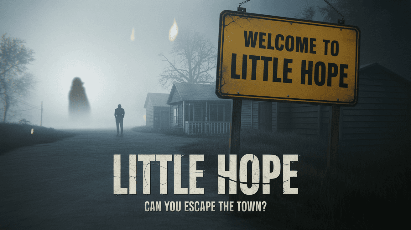 Foggy road and welcome sign in Little Hope with shadow figure and Little Hope text