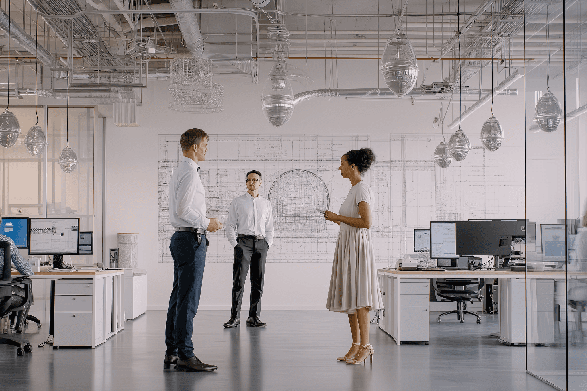 Modern office with three professionals in discussion, surrounded by computers and architectural drawings. Glass walls and pendant lights create an open, collaborative atmosphere.