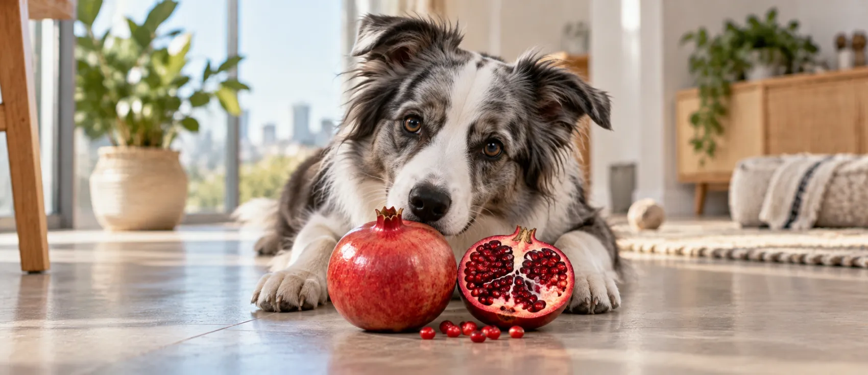 A Border Collie sniffs a whole and halved pomegranate on the kitchen floor.