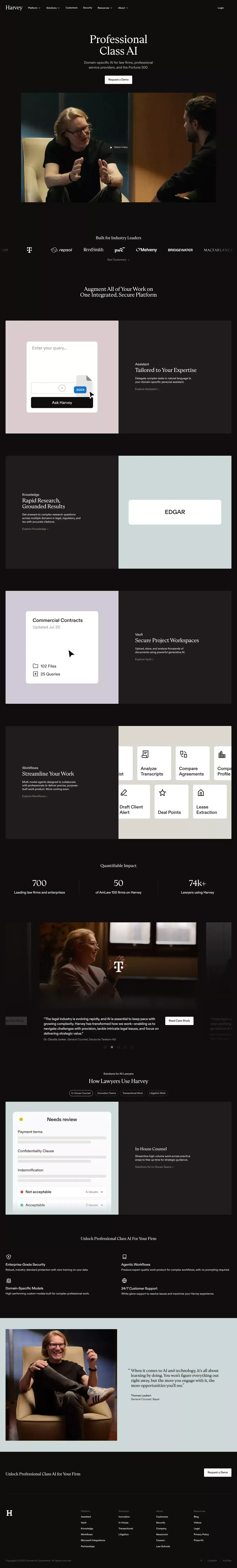 Harvey landing page screenshot showcasing AI and Tech design