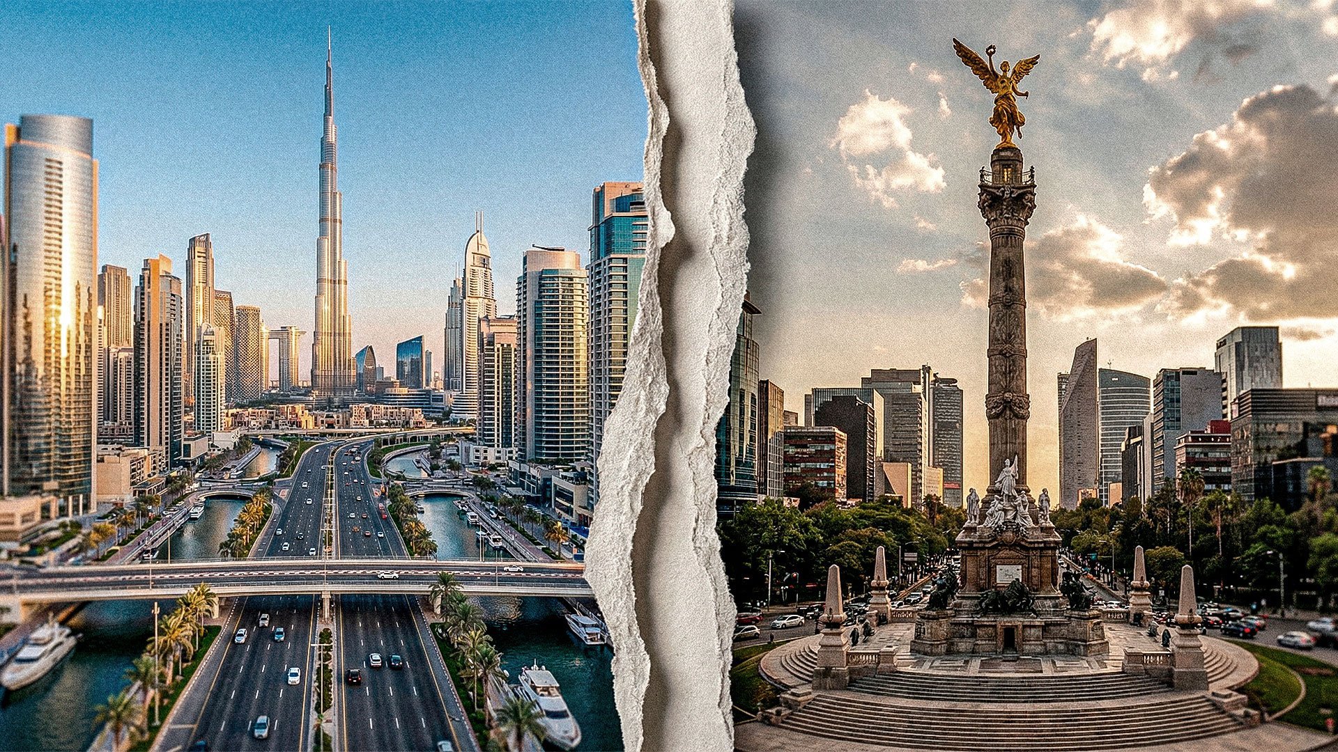 Comparación entre Dubái y Ciudad de México con el Burj Khalifa y el Ángel de la Independencia representando diferencias económicas y fiscales.