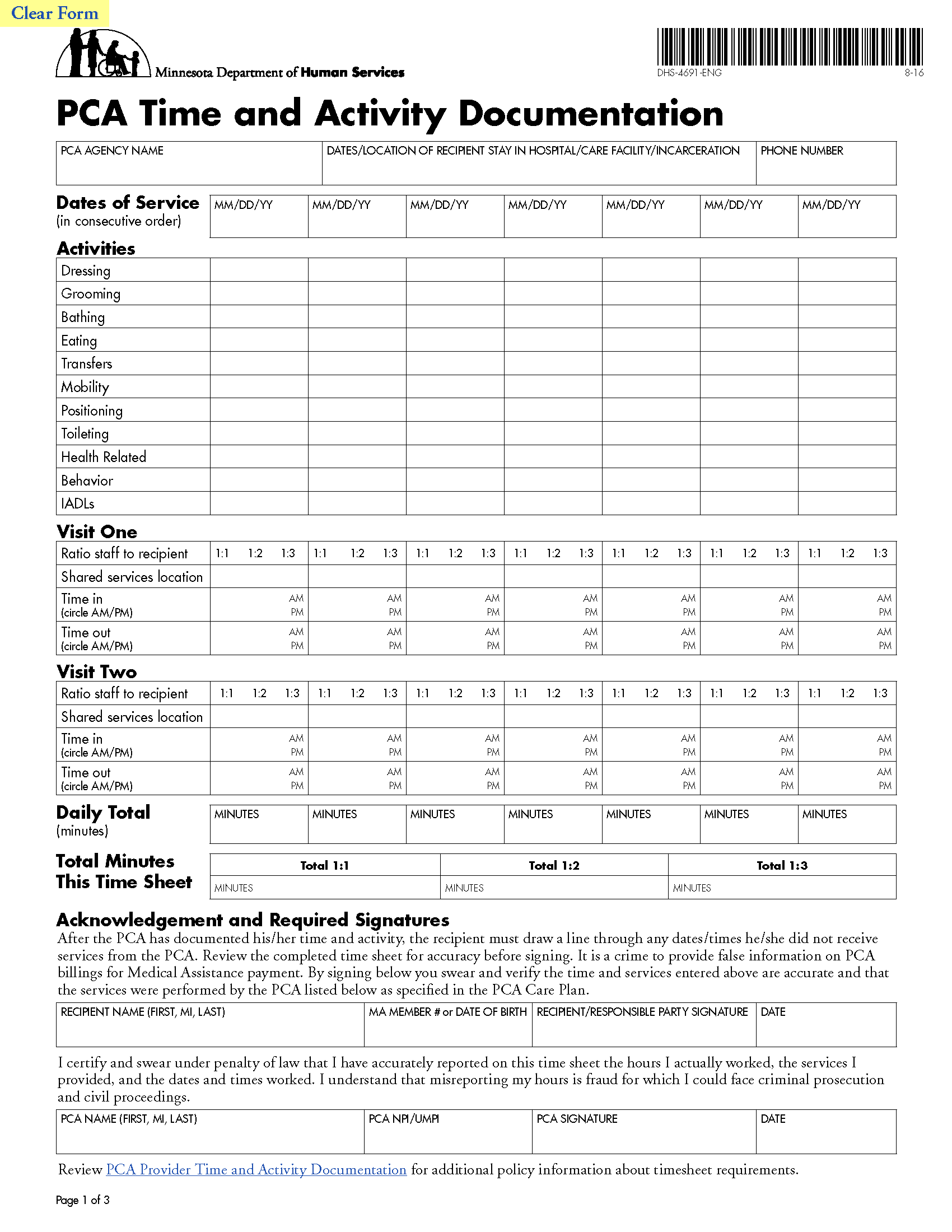 Print out form for Personal Care Assistant time and activity reporting.