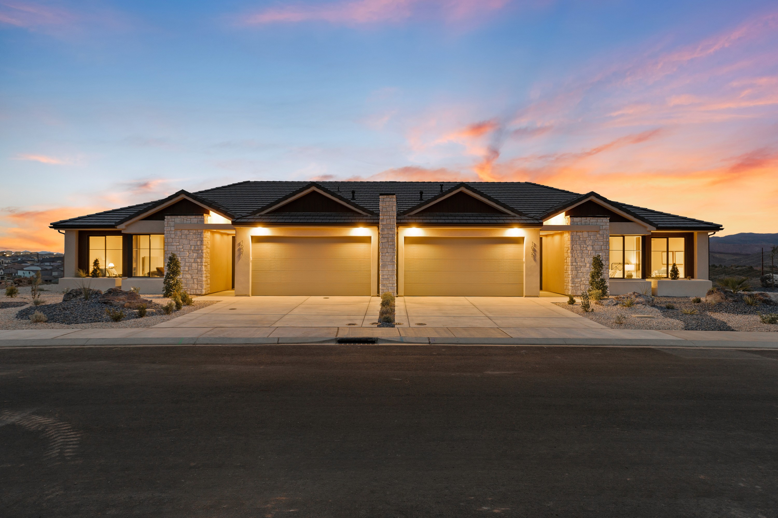 Evening exterior of the BYSO House in Hurricane, Utah highlighting lighting and architectural features.